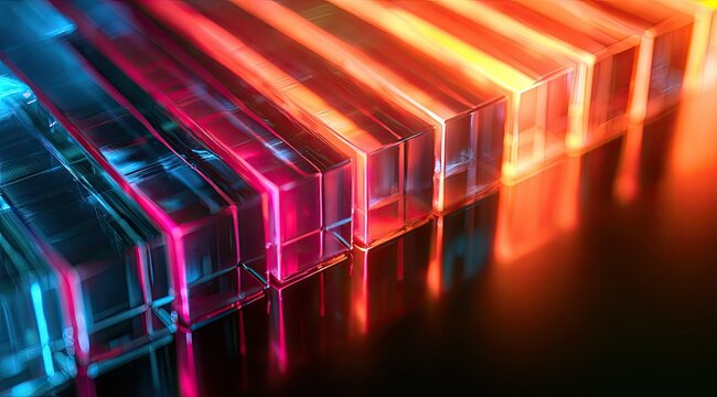 Translucent rectangular prisms glowing with a vibrant spectrum of colorful light