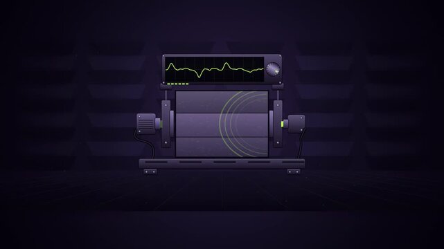 Abstract animated ultrasonic bench drawn as violet and blue lines and shapes on a deep dark background. Seamless looping 4K motion graphics video with free space for text, ideal for industry explainer