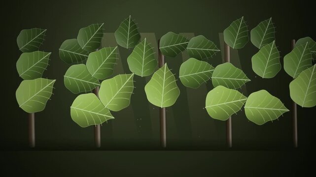 Abstract animated forest canopy building up in layers drawn as green and teal lines and shapes on a deep dark background. Seamless looping 4K motion graphics video with free space for text, ideal for 