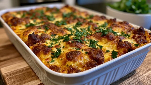 Rectangular baked ravioli lasagna casserole with browned cheese and parsley on cutting board for cookbook layout and website background