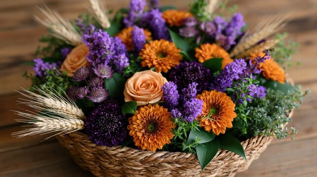 Woven basket floral arrangement with wheat, roses, marigolds and lavender for seasonal rustic centerpiece and farmhouse home decor background