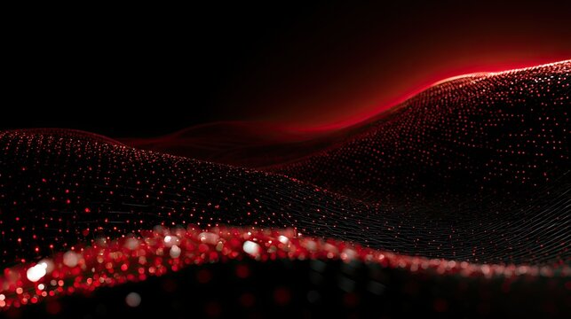Abstract glowing red particles flowing across a dark, undulating digital landscape