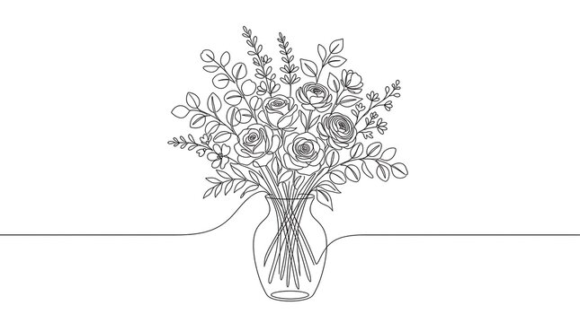 Elegant line art vector of a floral bouquet in a glass vase, featuring smooth black contours on a clean white background.