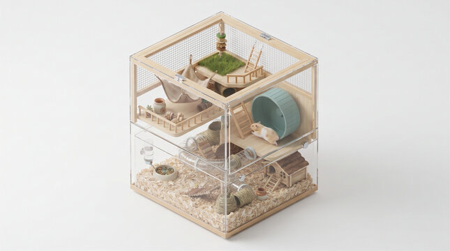 Isometric 3D Render of a Multi-Level Acrylic Hamster Cage Habitat with Exercise Wheel, Tunnels, and Natural Accessories