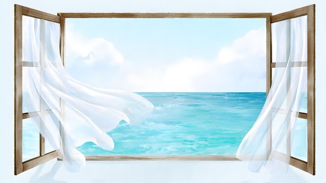 Watercolor painting of a serene coastal view through an open window with soft flowing white curtains