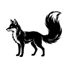 Obraz premium Black silhouette of a standing fox with a large bushy tail, isolated on a white background, wildlife animal for nature themes