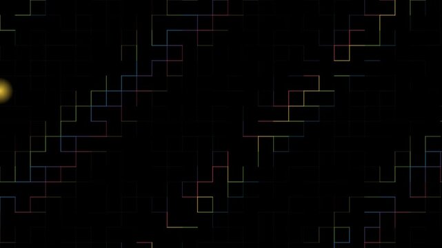 Glowing green sphere hovers above colorful abstract grid lines on black looping tech background