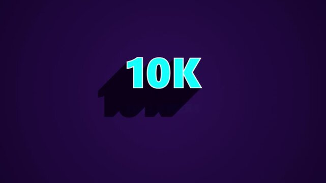 Cyan 10K text with long shadow on purple background, 10,000 followers milestone celebration, social media achievement graphic