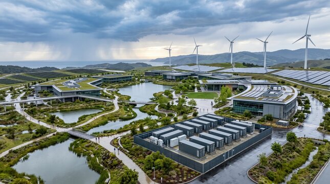 Aerial view of a sustainable energy facility featuring wind turbines and solar panels amongst lush green landscapes.