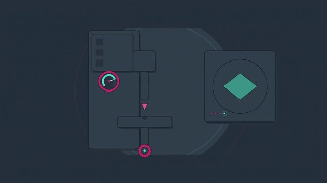 Abstract animated hardness tester making an indent drawn as cyan and teal lines and shapes on a deep dark background. Seamless looping 4K motion graphics video with free space for text, ideal for indu