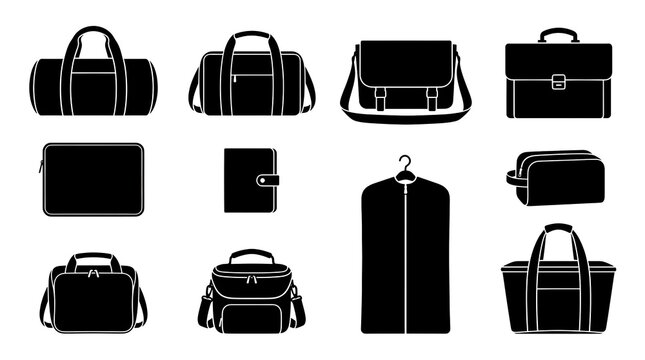 Set of bag silhouettes vector collection, travel luggage and handbag icon set isolated on white background
