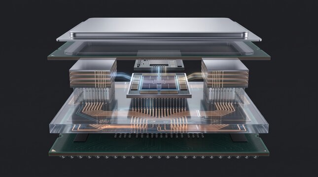 An intricate layered view of a modern computer chip showcasing its detailed components and structure.