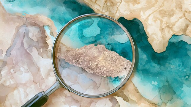 Artistic watercolor coastal map featuring a vintage magnifying glass over turquoise beach scenery