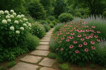 Naklejka premium Serene garden path with flowers background