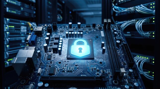 Close-up of a circuit board with a digital lock symbol, representing cybersecurity in modern technology environments.