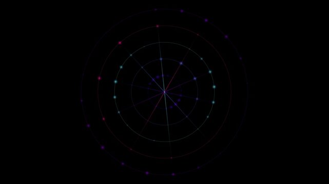 Abstract looping cosmic radial pattern with colorful glowing dots and lines against black background