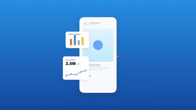 Social media analytics dashboard on smartphone, mobile app interface with 2.5M followers data, business marketing growth charts on blue background