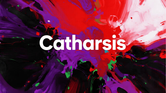 Catharsis text word art typography design with bold white lettering on vibrant red purple and black color splash background
