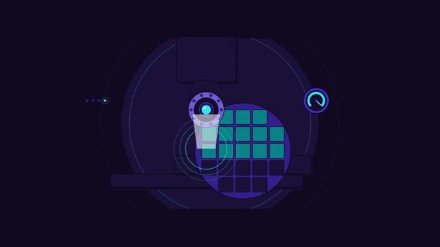 Abstract animated wafer stepper exposing drawn as blue and cyan lines and shapes on a deep dark background. Seamless looping 4K motion graphics video with free space for text, ideal for technology exp