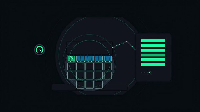 Abstract animated probe card being tested drawn as green and teal lines and shapes on a deep dark background. Seamless looping 4K motion graphics video with free space for text, ideal for technology e