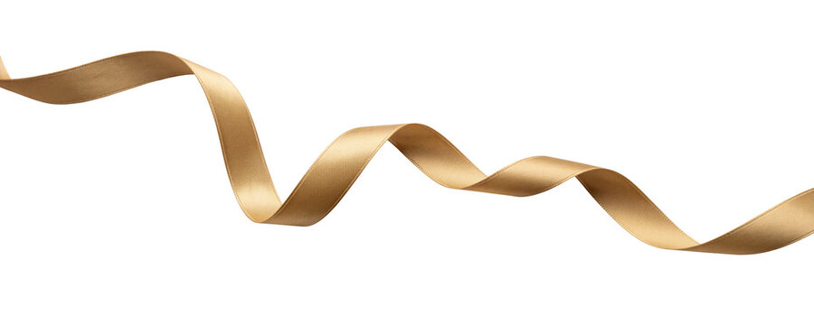 Wavy golden brown satin ribbon flowing horizontally isolated on transparent background