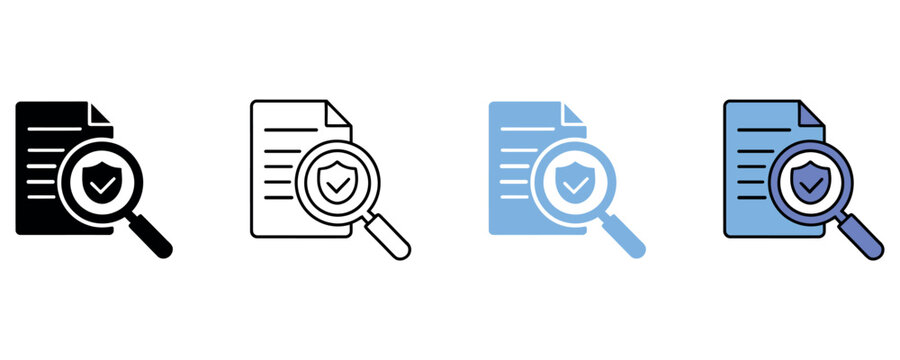 Magnifying glass over document with shield and checkmark, representing security and verification.
