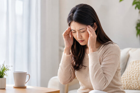 AI generated woman suffering from headache at home holding her temples eyes closed ideal for migraine stress pain wellness healthcare fatigue concepts
