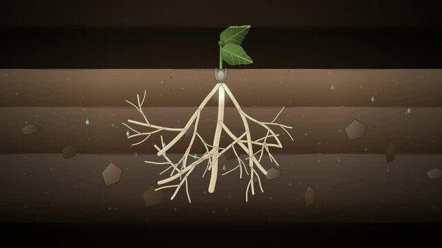 Abstract animated root system branching out drawn as amber and orange lines and shapes on a deep dark background. Seamless looping 4K motion graphics video with free space for text, ideal for technolo