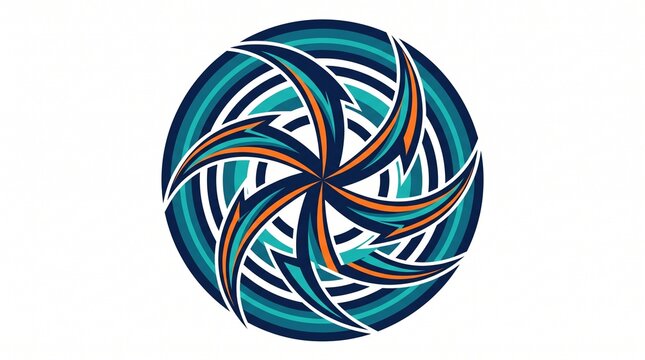 Dynamic abstract geometric swirl logo design with vibrant color contrast with showcases striking circular logo featuring intricate sweeping curves bold geometric patterns deep teal