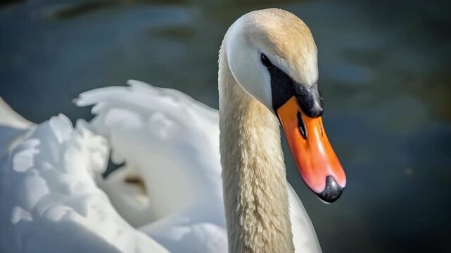 Swan Close Up Portrait with Orange Bill and White Plumage Floating Gracefully on Dark Water