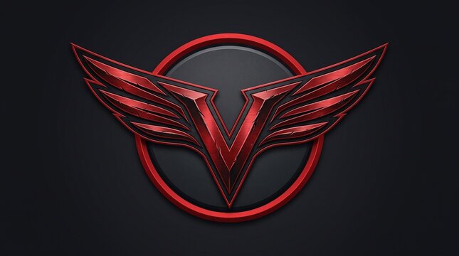 Stylized futuristic metallic logo with v shaped wings with three dimensional logo featuring striking red V emblem wing extensions sleek circular backdrop