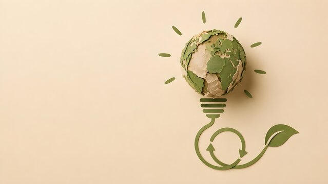 Papercraft earth globe shaped lightbulb with circular recycling arrow and green leaf symbolizing global circular economy