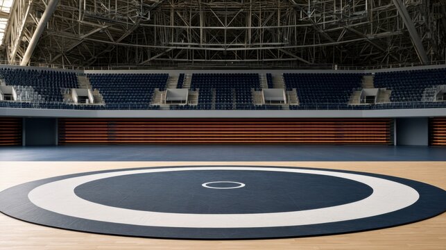 Panoramic indoor wrestling arena with circular mat and empty blue seating for sports event poster background and promotional layout