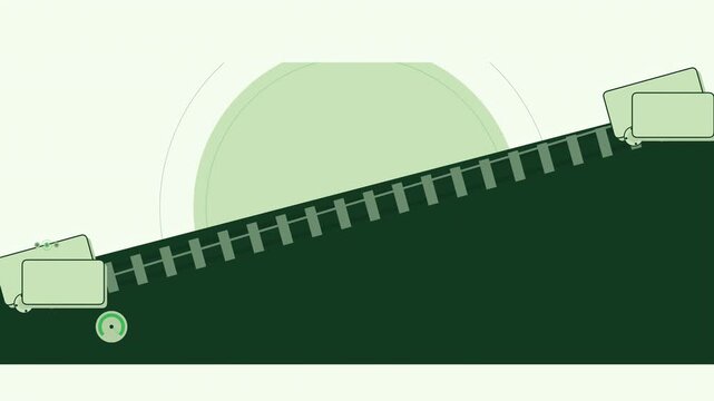 Abstract animated funicular counterbalance drawn as green and teal lines and shapes on a bright, clean light background. Seamless looping 4K motion graphics video with free space for text, ideal for i