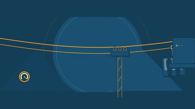 Abstract animated cable car gondola drawn as blue and cyan lines and shapes on a deep dark background. Seamless looping 4K motion graphics video with free space for text, ideal for industry explainers