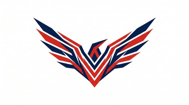 Dynamic abstract wing logo with bold red and navy blue geometric design with striking symmetrical wing evoking energy precision composed sharp geometric