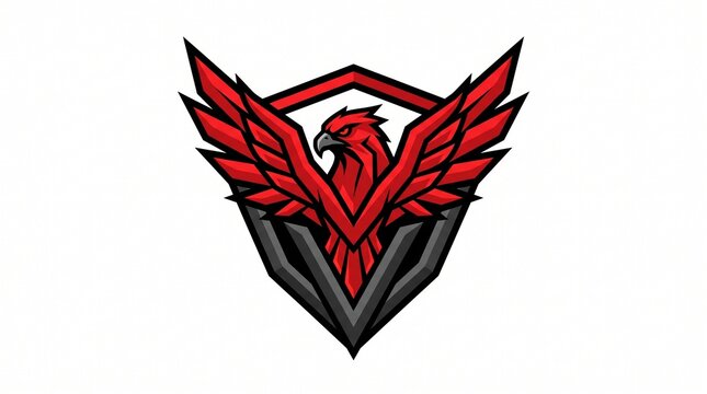 Dynamic red eagle mascot logo with fierce shield wings with rendered vivid red black tones high visual impact showcases striking mascot outspread wings enclosed