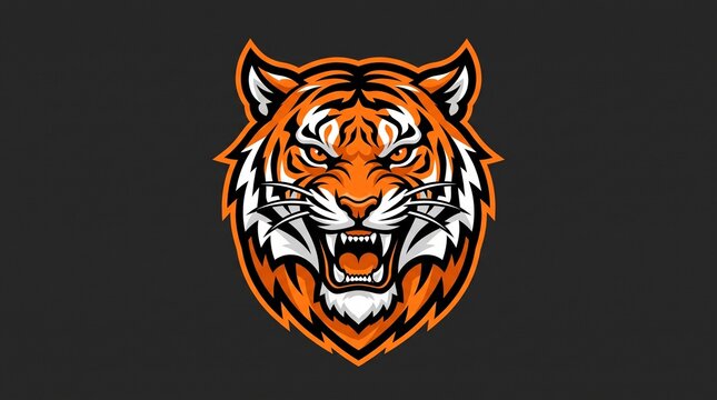 Bold stylized tiger head logo with aggressive expression with rendered bold orange white against dark background striking vector illustration