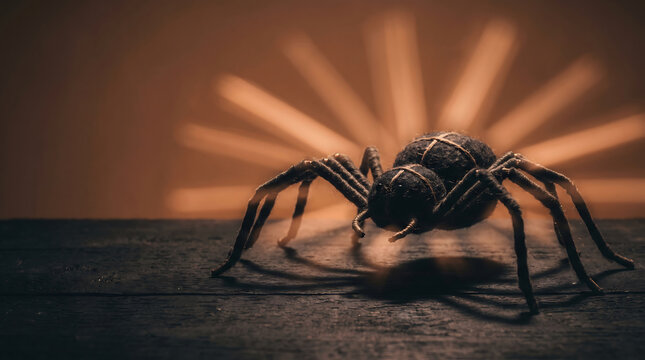 Spooky toy spider captured with dramatic long exposure lighting for Halloween decor on a dark surface.