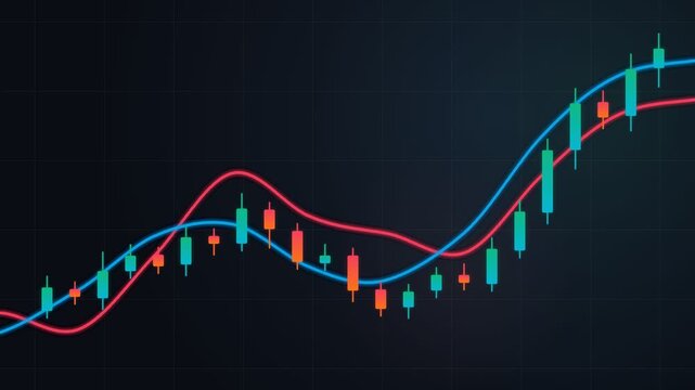 Financial stock market candlestick chart showing trading data with moving averages on a dark background