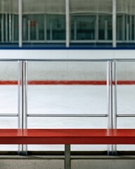 Fototapeta premium Ice hockey arena bench with scratched plexiglass boards and red railing for sports design poster background