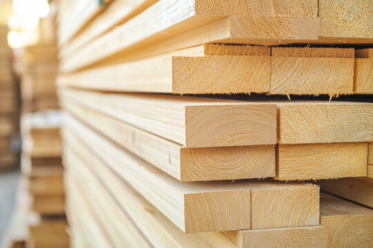 Close-up of raw wooden stack in a lumber yard Generative AI