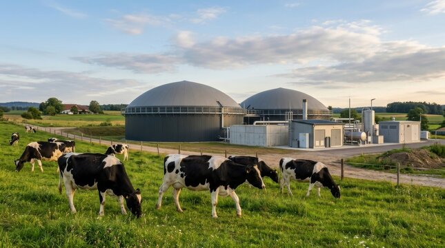 Cows Grazing Near Modern Biogas Digester Facility in a Green Rural Landscape