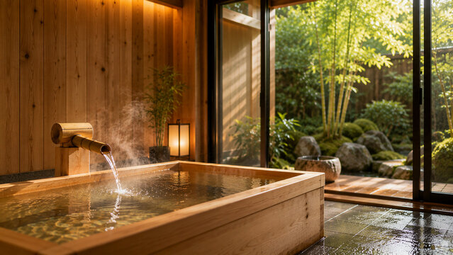 Traditional Japanese Hinoki Wooden Bathtub with Steaming Hot Spring Water Overlooking Bamboo Courtyard Garden