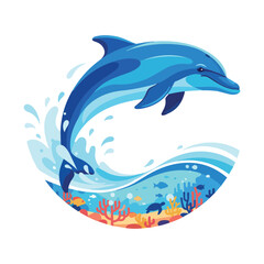 Naklejka premium Dolphin Jumping Icon, Ocean Wave Marine Animal Vector