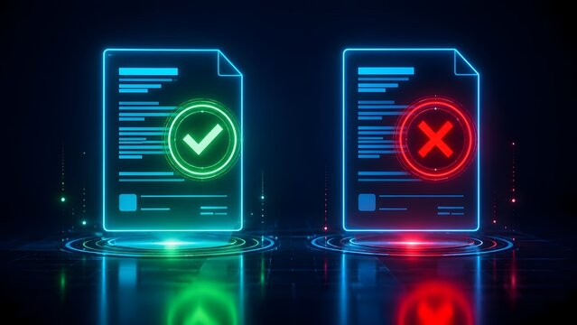 Holographic Legal Documents Comparing Green Checkmark Approval With Red Cross Rejection