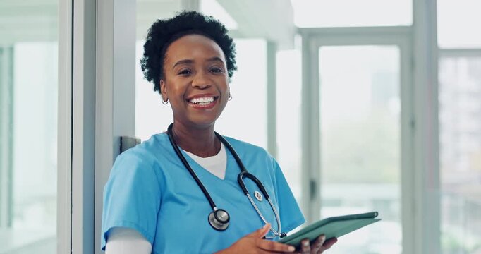Face, nurse or tablet in clinic for medical service, residency or health records for patient care. Happy worker, black woman and digital EHR for hospital round, healthcare joke or career integrity