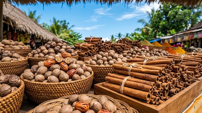 Nutmeg and cinnamon sticks for sale at tropical outdoor market