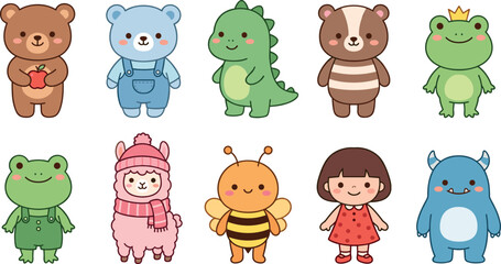 Fototapeta premium Cute Kawaii Animal and Character Vector Sticker Set Featuring Bears Dinosaur Frogs Alpaca Bee Girl and Monster for Children Graphic Designs