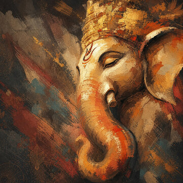 Close-Up Lord Ganesha Portrait with Ornate Crown, Curved Trunk and Forehead Marking